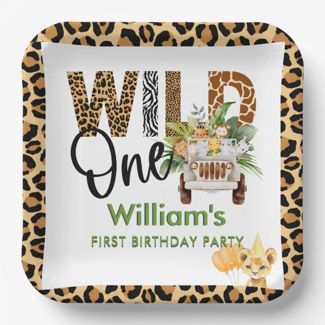 Plato De Papel Wild One Safari Animals First Birthday Boy  (Anverso)