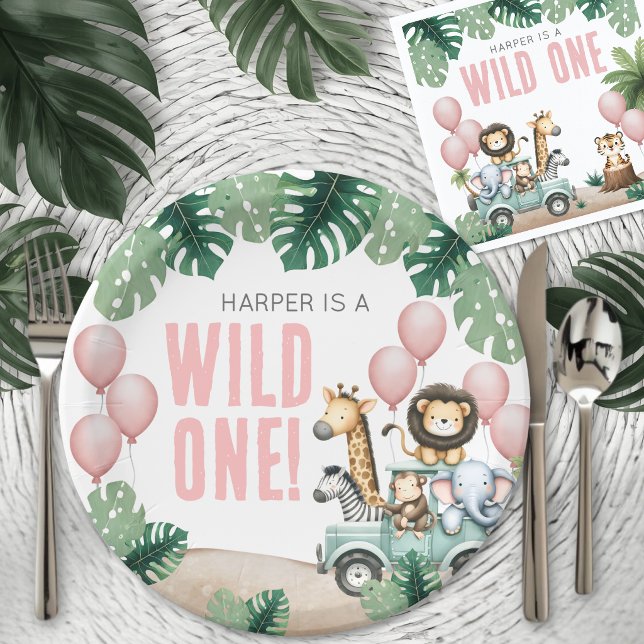 Plato De Papel Wild One Safari Cumpleaños 1 (Wild One Pink Safari 1st Birthday Paper Plates)