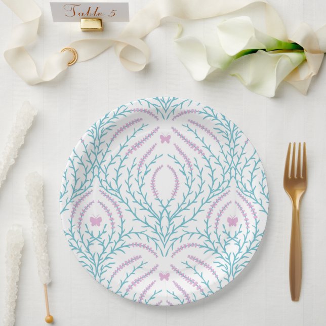 Plato De Papel Wild roses and butterflies /pink/pale green/yellow (Boda)