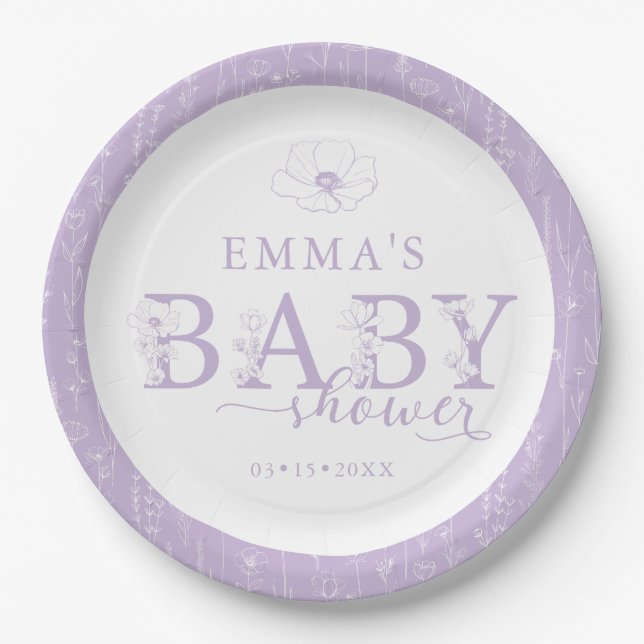 Plato De Papel Wildflower Baby Shower | Lavender Floral Plate (Anverso)