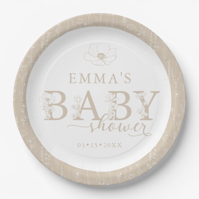 Plato De Papel Wildflower Baby Shower | Taupe Floral Plate (Anverso)