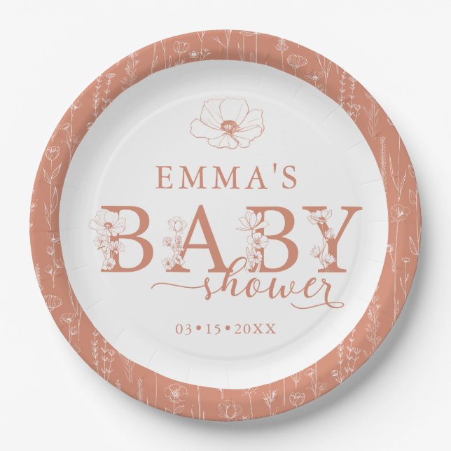 Plato De Papel Wildflower Baby Shower | Terracotta Floral Plate (Anverso)