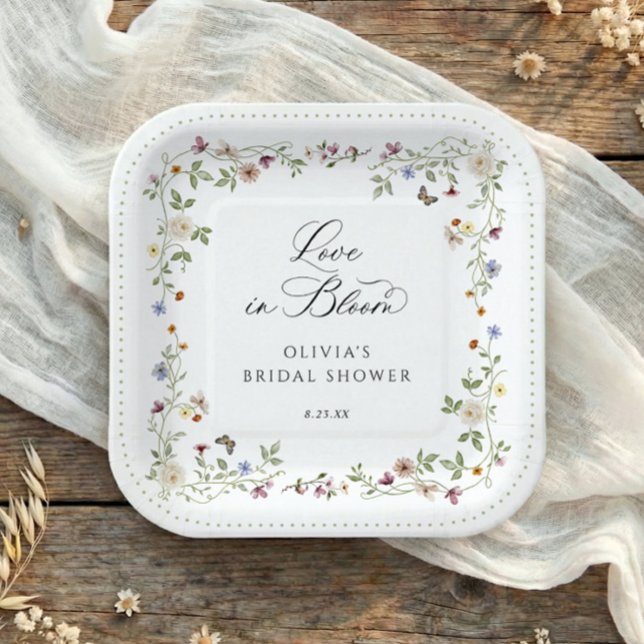 Plato De Papel Wildflower Bloom Floral Square Bridal Shower (Square bridal shower plates with colorful watercolor wildflower flowers and love is in bloom design)