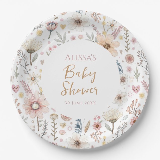 Plato De Papel Wildflower Boho Floral Baby Shower (Anverso)