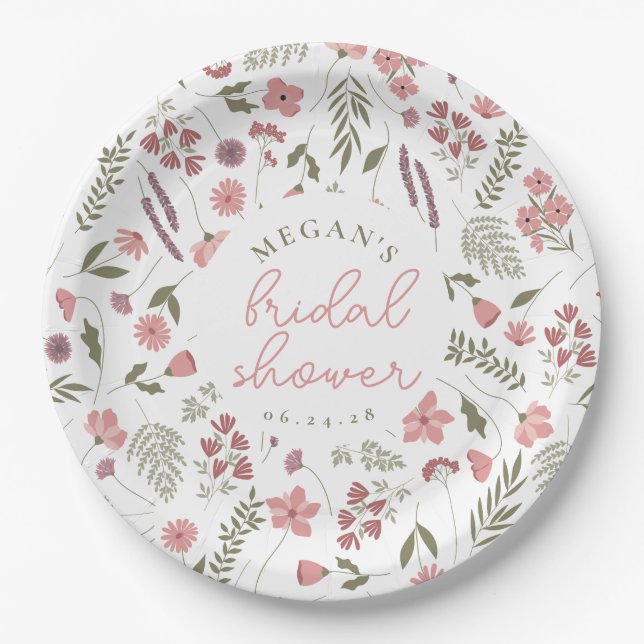 Plato De Papel Wildflower Bridal Shower Paper Plates - Pink (Anverso)