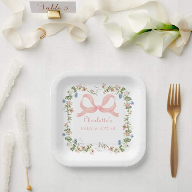 Plato De Papel Wildflower Pink Bow Baby Shower (Boda)