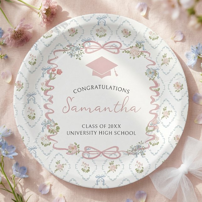 Plato De Papel Wildflower Pink Bow Graduation (Subido por el creador)