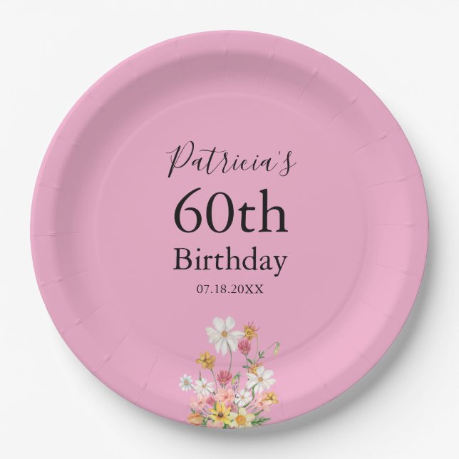 Plato De Papel Wildflowers 60th Birthday Pink Party (Anverso)