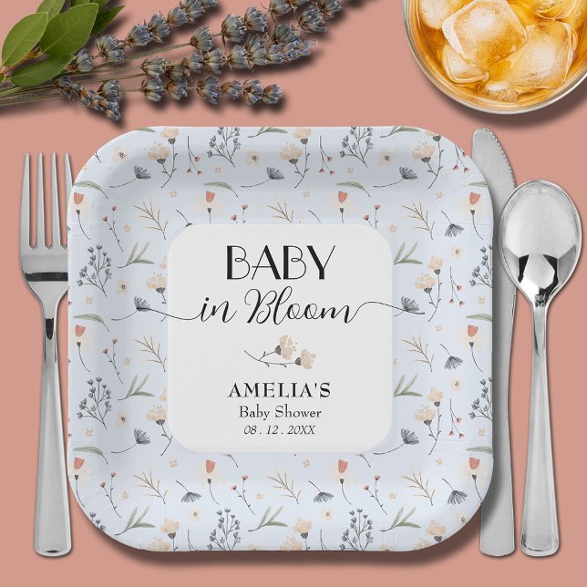 Plato De Papel Wildflowers Blue Boy Baby Shower (Baby in Bloom wildflowers on blue boy baby shower square paper plates)
