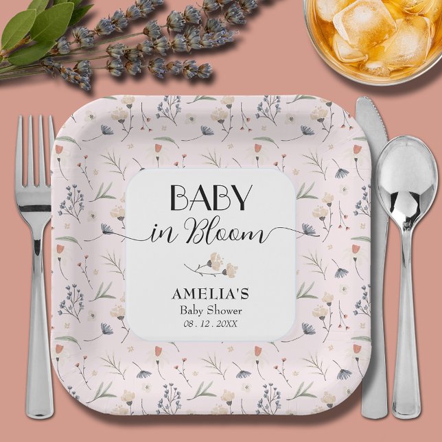 Plato De Papel Wildflowers Chica Rosa Baby Shower (Baby in Bloom wildflowers on pink girl baby shower square paper plates)