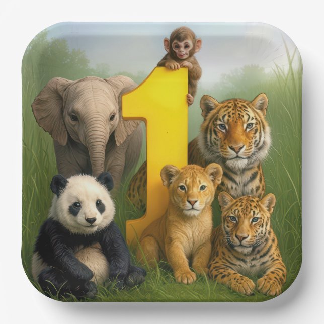 Plato De Papel Wildlife Animal Babies With a Number One (Anverso)