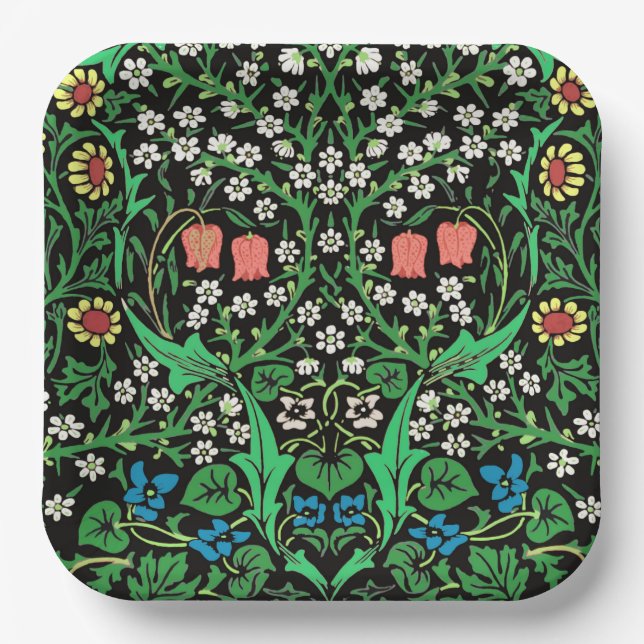 Plato De Papel William Morris Jacobean Floral, fondo negro (Anverso)