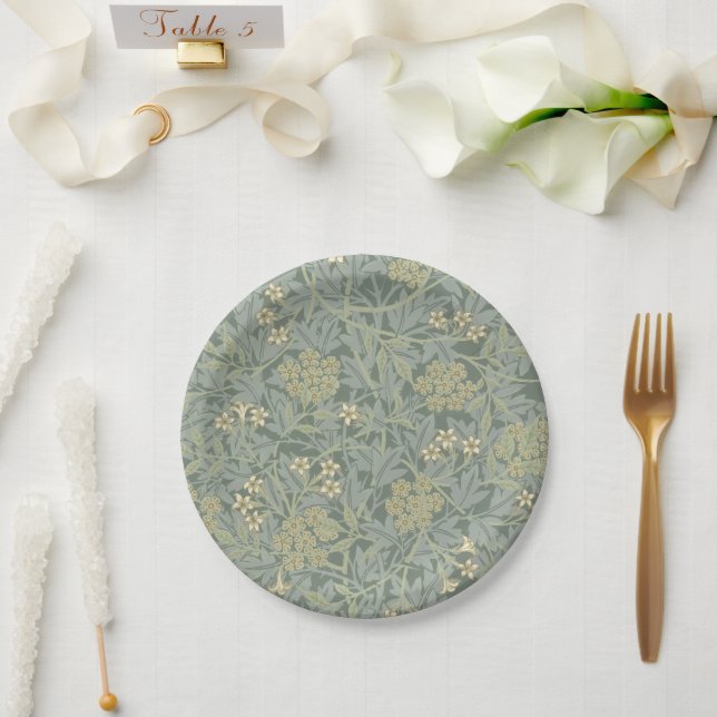 Plato De Papel William Morris Jasmine Azul Arte Botánico Verde (Boda)