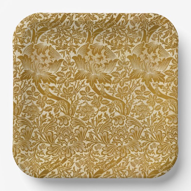 Plato De Papel William Morris Rosa y Thistle Floral Golden (Anverso)