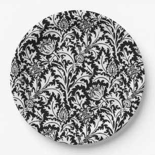 Plato De Papel William Morris Thistle Damask, negro y blanco  