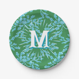 Plato De Papel Winding Peony Woodcut in Green + Aqua Personalized