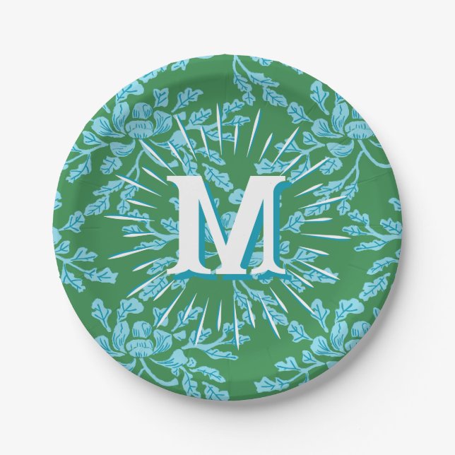 Plato De Papel Winding Peony Woodcut in Green + Aqua Personalized (Anverso)