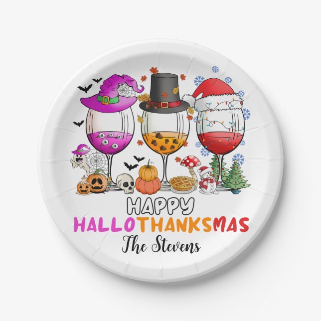 Plato De Papel Wine Glass Happy Hallowthanksmas (Anverso)