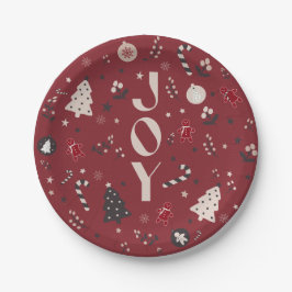Plato De Papel Wine Red Nórdico Joy Christmas Tree Candy Cane Bel