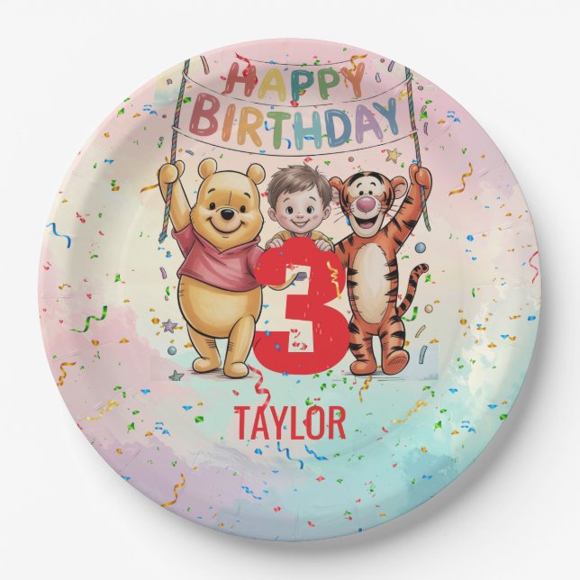 Plato De Papel Winnie the Pooh | Feliz Cumpleaños (Anverso)
