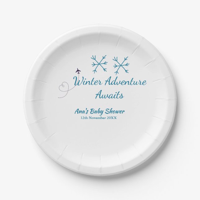 Plato De Papel Winter Adventure awaits baby shower blue snowflake (Anverso)