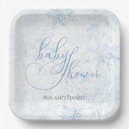 Plato De Papel Winter Baby Shower Boy Blue Snowflake
