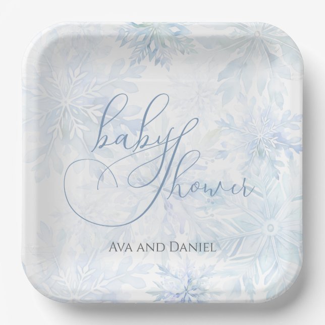 Plato De Papel Winter Baby Shower Boy Blue Snowflake (Anverso)