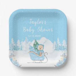 Plato De Papel Winter Bear Blue Sleigh Baby Shower