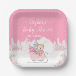 Plato De Papel Winter Bear Pink Sleigh Baby Shower