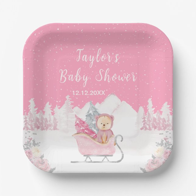 Plato De Papel Winter Bear Pink Sleigh Baby Shower (Anverso)