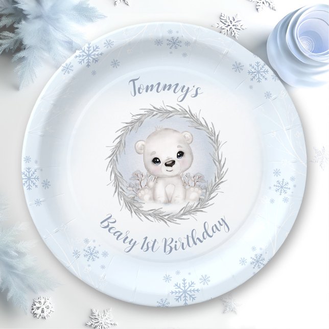 Plato De Papel Winter Beary 1er cumpleaños Oso Polar Azul Cuto (Winter Beary 1st Birthday Cute Blue Polar Bear Paper Plates)