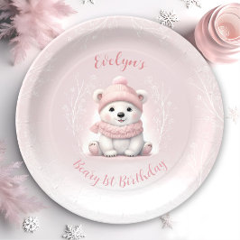 Plato De Papel Winter Beary 1er cumpleaños Oso Polar Rosa Cute