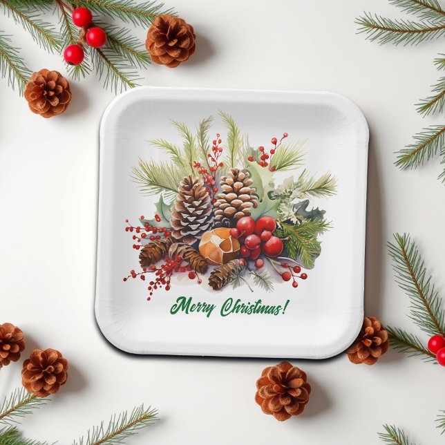 Plato De Papel Winter Berries Greenery Pine Cones (Subido por el creador)