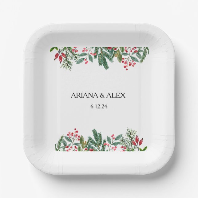 Plato De Papel Winter Berries Pine Cone Greenery Boda (Anverso)