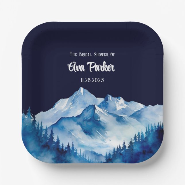 Plato De Papel Winter Blue White Snowy Mountains Bridal Shower (Anverso)