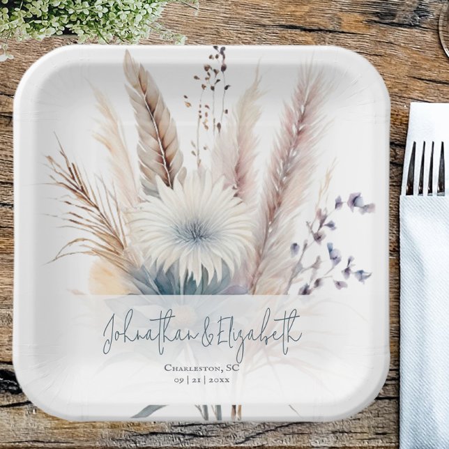 Plato De Papel Winter Boho Floral Boda | Blanca (White Winter Boho Floral Wedding Paper Plates)