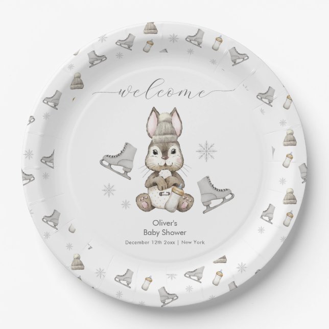 Plato De Papel Winter Bunny Ice Skate Baby Shower Welcome  (Anverso)