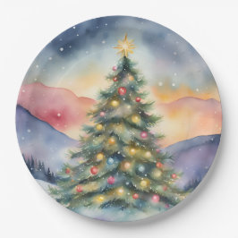 Plato De Papel Winter Christmas Tree Snowy Sunset Scenery
