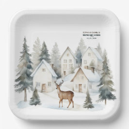 Plato De Papel Winter Deer in Village Watercolor Baby Shower