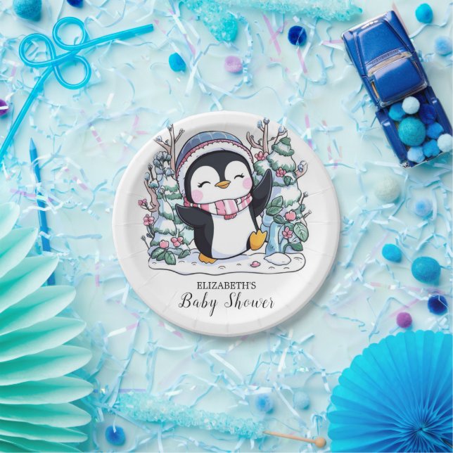 Plato De Papel Winter Elegant Penguin Baby Shower (Fiesta)
