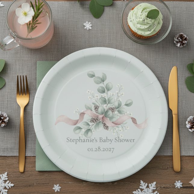 Plato De Papel Winter Eucalyptus Baby Shower (Baby shower paper plate)