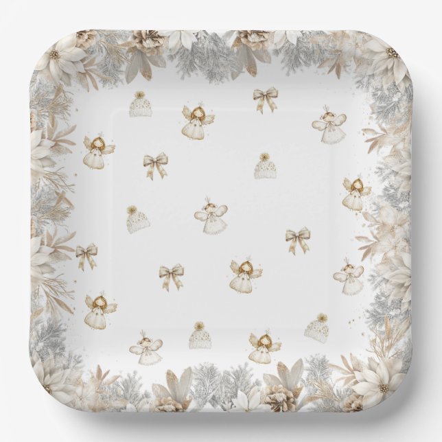 Plato De Papel Winter Floral Angels Chica Baby Shower (Anverso)