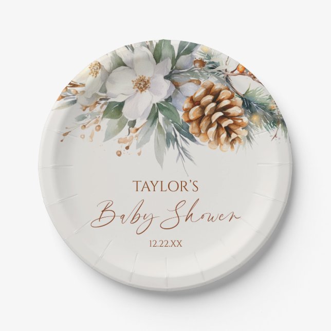 Plato De Papel Winter Floral Pine Tree Baby Shower (Anverso)