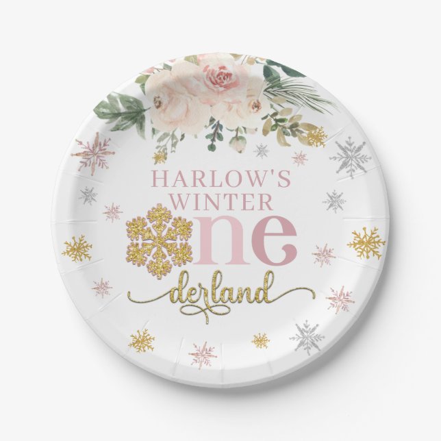 Plato De Papel Winter Floral Snowflake Onederland Primer cumpleañ (Anverso)