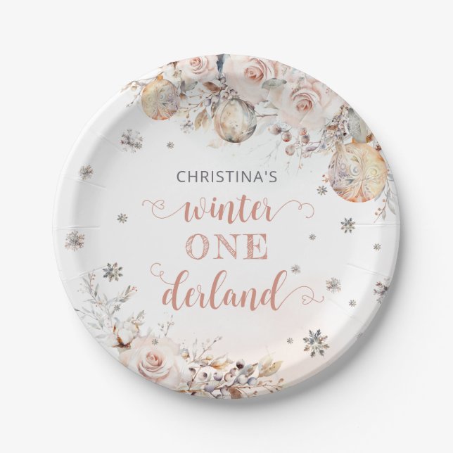 Plato De Papel Winter Floral Snowflake Onederland Primer cumpleañ (Anverso)