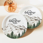 Plato De Papel Winter Forest Mountains Adventure Baby Shower<br><div class="desc">Elegantes montañas de acuarela "que empiece la aventura" niño ducha bebé.</div>
