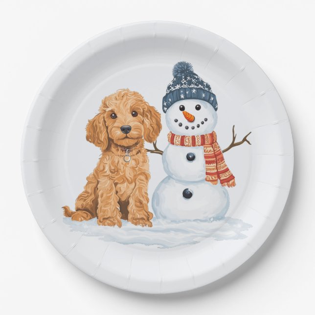 Plato De Papel Winter Goldendoodle Dog Cute Snowman (Anverso)