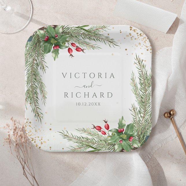 Plato De Papel Winter Holiday Botanical Greenery Glitter Wedding (Subido por el creador)