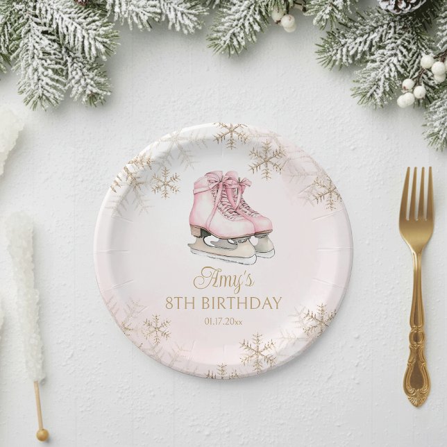 Plato De Papel Winter Ice Skating Birthday Gold Glitter Snowflake (Subido por el creador)