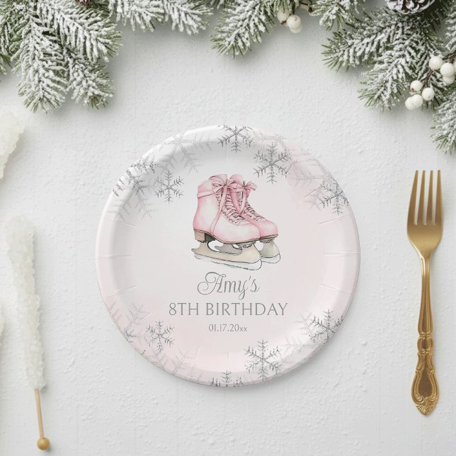 Plato De Papel Winter Ice Skating Birthday Pink Silver Snowflakes (Subido por el creador)